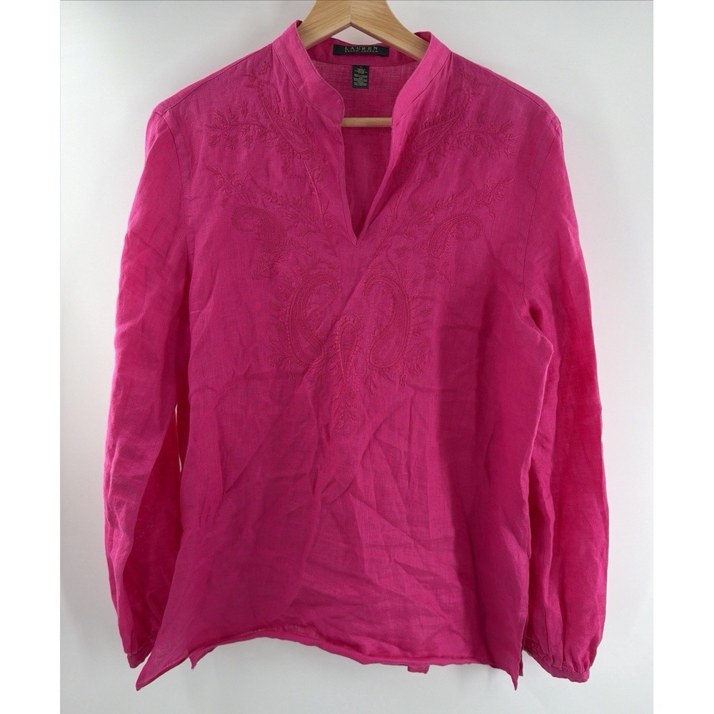 LRL Ralph Lauren Top Embroidered Linen Fuchsia Large Tunic Shirt Boho Split Neck